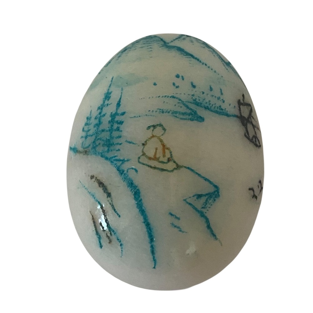 Vintage Hand Painted Marble Egg Mountain Landscape Stone Paperweight Easter 2.5"